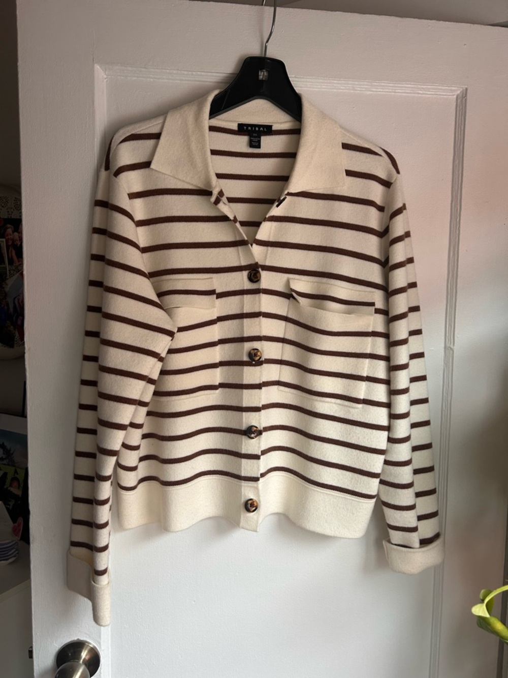 Tribal Cream and Brown Striped Button-Front Cardigan
